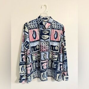 Vintage Abstract Block-Print Long Sleeve Shirt - Navy, Pink & Cream